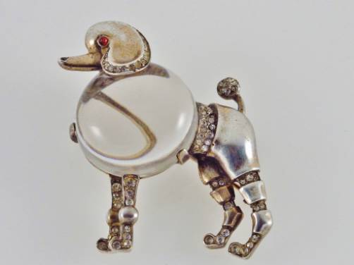 Trifari Lucite Jelly Belly vintage poodle brooch vermeil gold gilt sterling silver by Alfred Philippe, 1945 ca, American